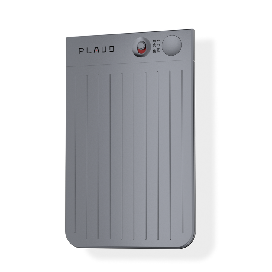 Sleek silver Plaud Note AI voice recorder with ribbed design, dual engine technology for transcription and meeting note-taking
