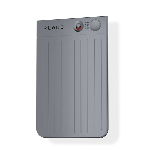 Sleek silver Plaud Note AI voice recorder with ribbed design, dual engine technology for transcription and meeting note-taking
