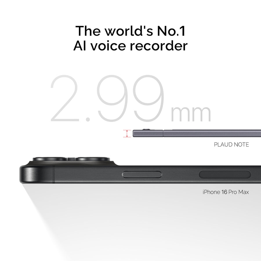 Plaud Note ultra-slim AI voice recorder with 2.99mm design next to iPhone, perfect for recording meetings and transcribing calls
