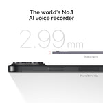 Plaud Note slim AI voice recorder displayed alongside iPhone 16 Pro Max showing 2.99mm thickness comparison
