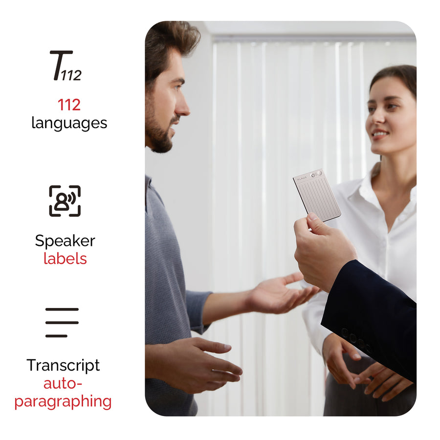 Plaud Note AI voice recorder recording meetings with 112 languages, speaker labels, and auto-paragraphing transcription.
