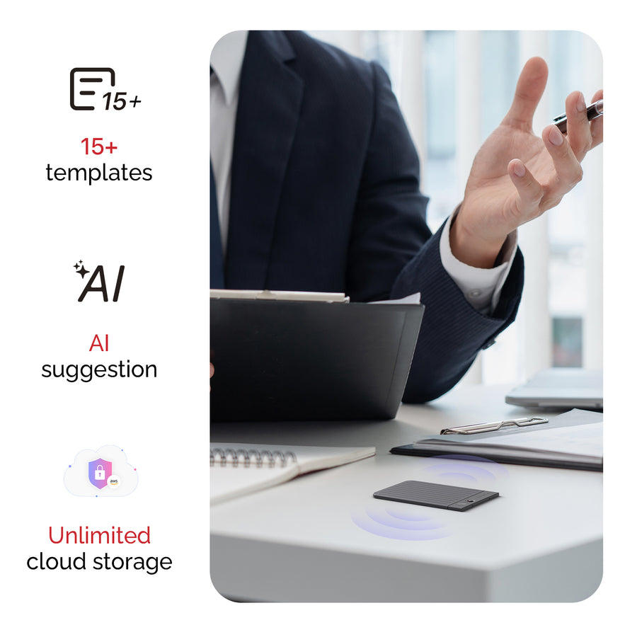 Plaud Note AI voice recorder with business professional showing features: AI suggestions, 15+ templates, and unlimited cloud storage for meeting notes.
