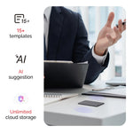 Plaud Note AI voice recorder on a desk with a professional, showcasing 15+ templates, AI suggestions, and unlimited cloud storage.
