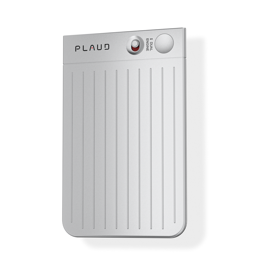 Plaud Note AI voice recorder in silver, featuring Dual Engine button for call recording and AI note-taking.
