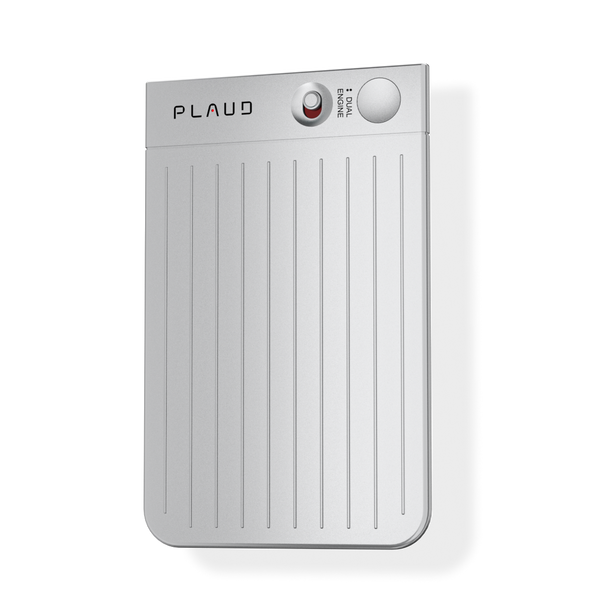 Plaud Note AI voice recorder in silver, featuring Dual Engine button for call recording and AI note-taking.

