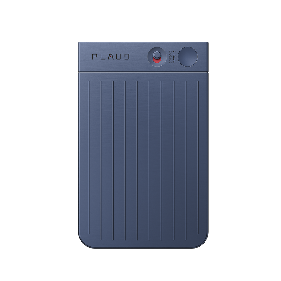 Plaud Note AI voice recorder in navy, dual engine button, for recording meetings and calls.
