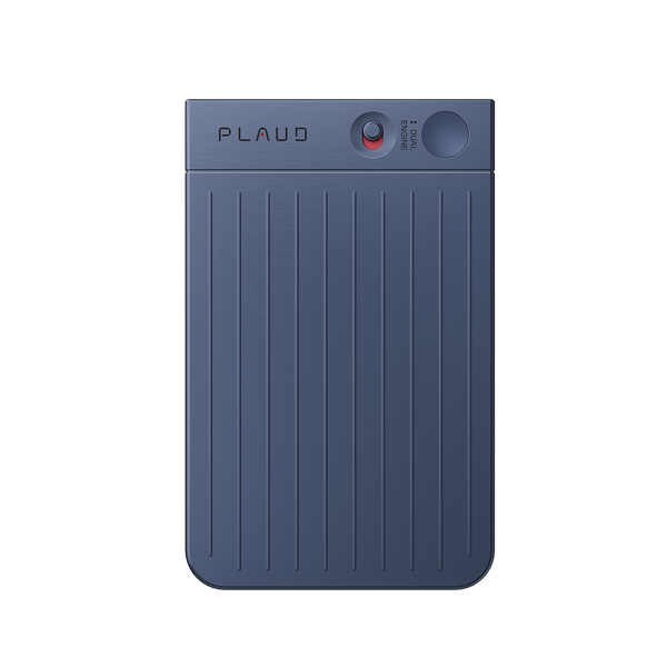 Plaud Note AI voice recorder in navy, dual engine button, for recording meetings and calls.
