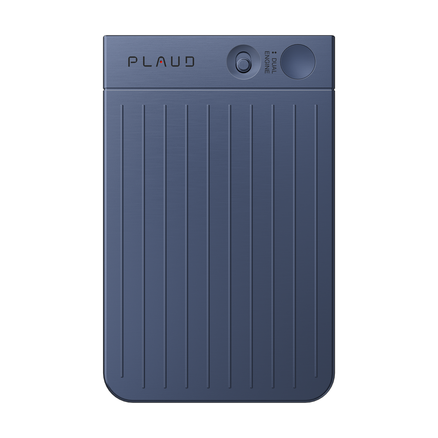 Plaud Note AI voice recorder in navy, with dual engine button, for recording meetings and calls
