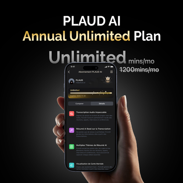 PLAUD AI Annual Unlimited Plan: Unlimited transcription, AI features on smartphone