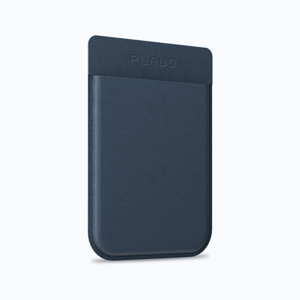 Plaud Note Magnetic Case in blue with embossed logo, featuring portable design, magnetic back clip, and waterproof leather-like material for device protection.