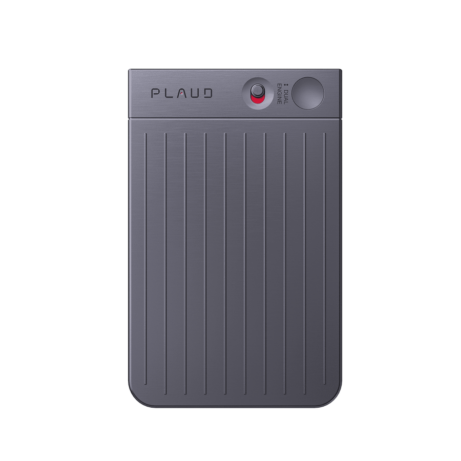 Plaud Note AI voice recorder in dark gray, with the Dual Engine button, ideal for recording meetings and calls.
