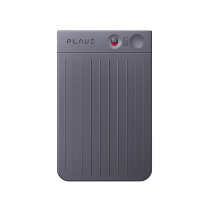 Plaud Note AI voice recorder in dark gray, with the Dual Engine button, ideal for recording meetings and calls.