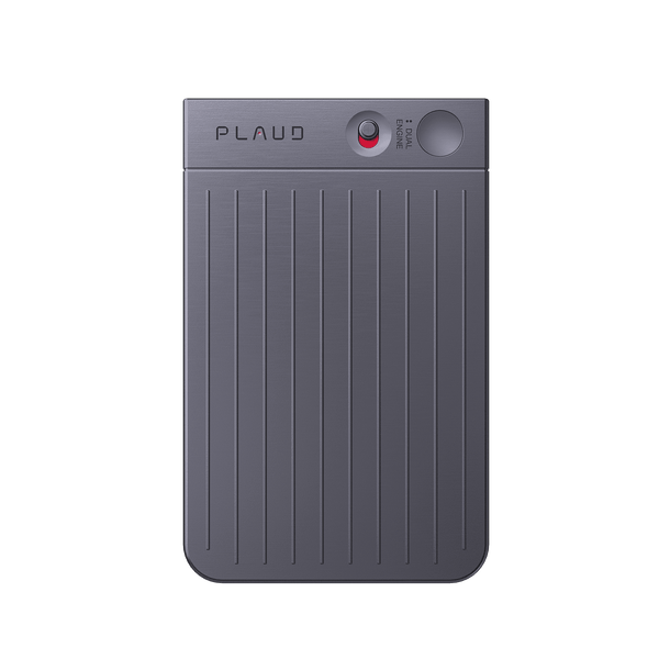Plaud Note AI voice recorder in dark gray, with the Dual Engine button, ideal for recording meetings and calls.

