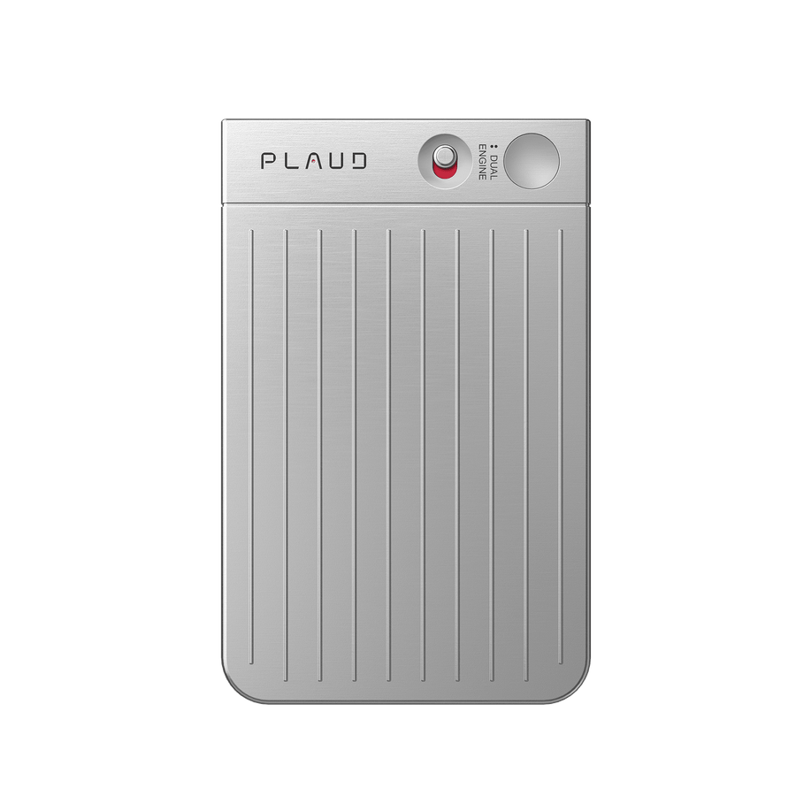Plaud Note AI voice recorder, silver design, dual engine button for recording meetings and calls
