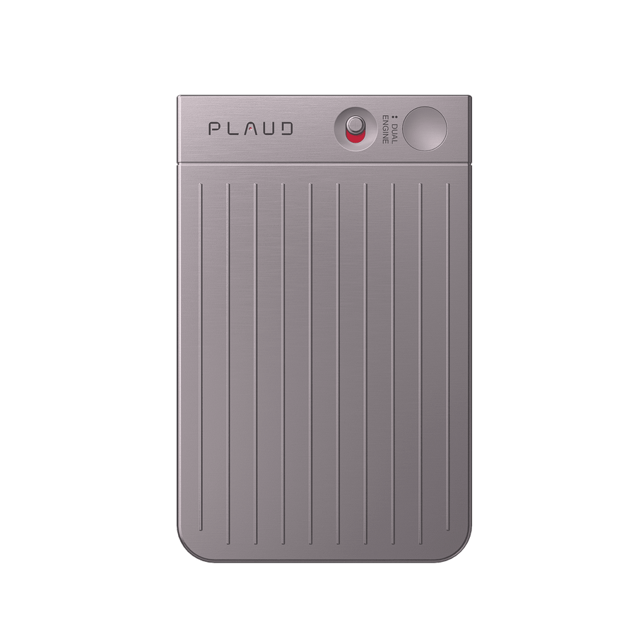 Plaud Note AI voice recorder, silver-gray design with Dual Engine button, ideal for AI note-taking and call recording.
