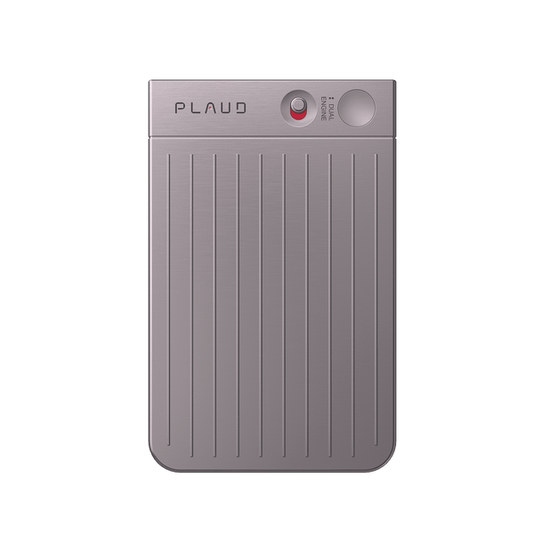 Plaud Note AI voice recorder, silver-gray design with Dual Engine button, ideal for AI note-taking and call recording.
