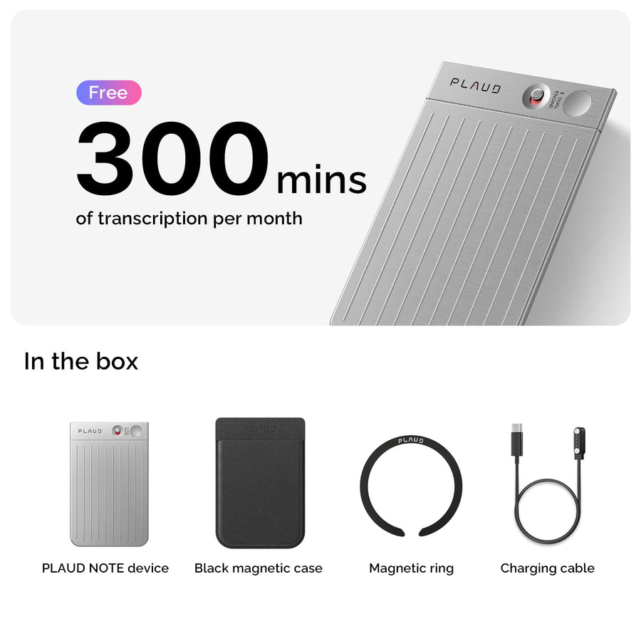 Plaud Note AI recorder with free transcription: device, case, ring, and cable.
