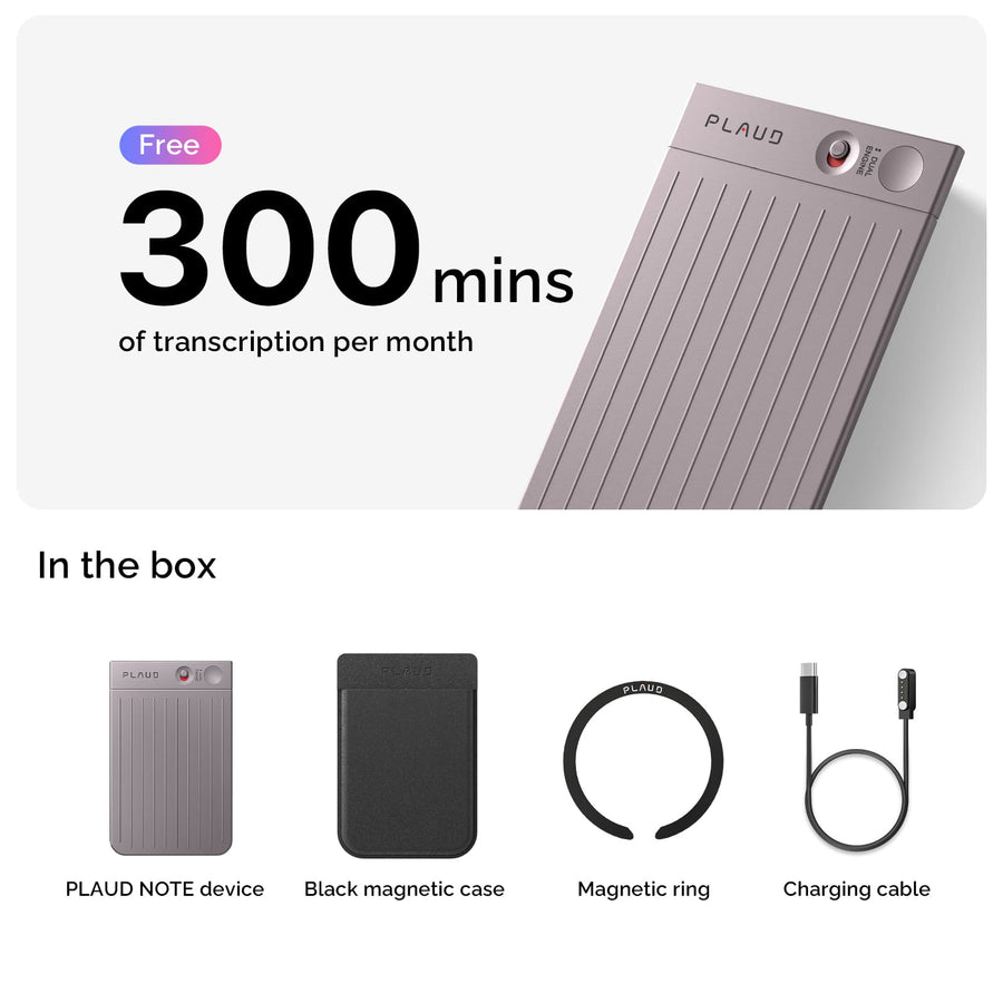 Plaud Note AI recorder with accessories. Free 300 mins transcription monthly. Includes device, case, ring, and cable.
